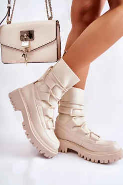 Damskie Botki Workery Ze Skarpetą Beżowe Fallor