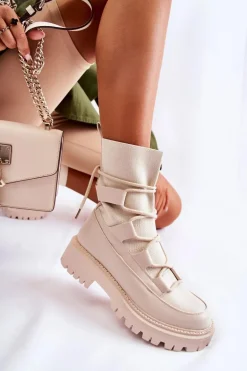 Damskie Botki Workery Ze Skarpetą Beżowe Fallor