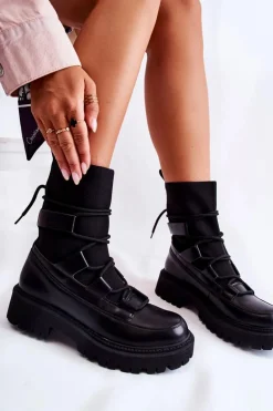 Damskie Botki Workery Ze Skarpetą Czarne Fallor