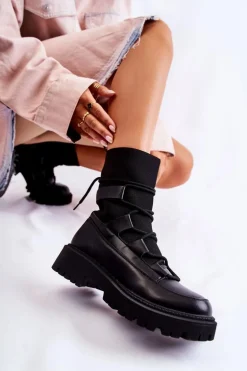 Damskie Botki Workery Ze Skarpetą Czarne Fallor