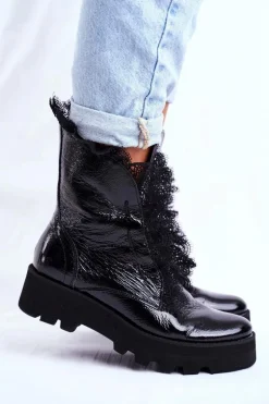 Damskie Botki Wysokie Lakierowane Skórzane Montegero