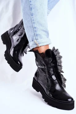 Damskie Botki Wysokie Lakierowane Skórzane Montegero