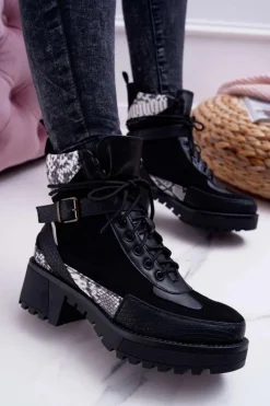 Damskie Botki Wysokie Trapery Snake Czarne Nemtere