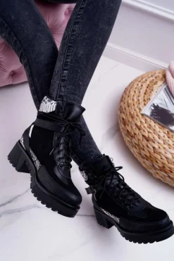 Damskie Botki Wysokie Trapery Snake Czarne Nemtere