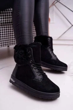 Damskie Botki Wysokie z Futerkiem Czarne Glamiso