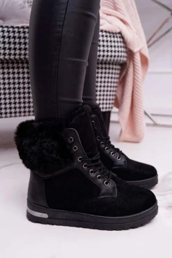Damskie Botki Wysokie z Futerkiem Czarne Glamiso
