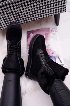 Damskie Botki Wysokie z Futerkiem Czarne Glamiso