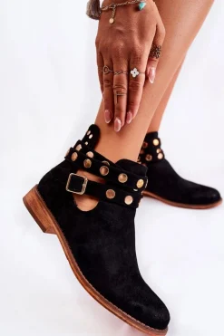 Damskie Botki Z Dżetami Na Płaskim Obcasie Czarne Larino