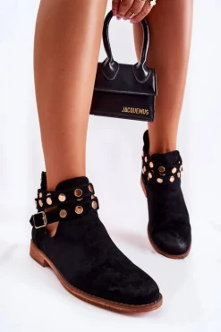 Damskie Botki Z Dżetami Na Płaskim Obcasie Czarne Larino