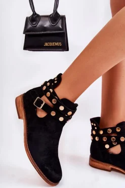 Damskie Botki Z Dżetami Na Płaskim Obcasie Czarne Larino