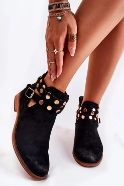 Damskie Botki Z Dżetami Na Płaskim Obcasie Czarne Larino