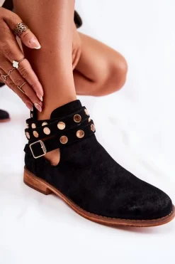 Damskie Botki Z Dżetami Na Płaskim Obcasie Czarne Larino