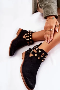 Damskie Botki Z Dżetami Na Płaskim Obcasie Czarne Larino