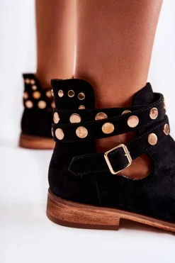 Damskie Botki Z Dżetami Na Płaskim Obcasie Czarne Larino