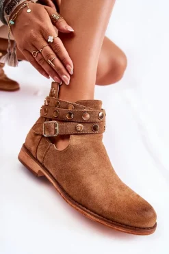 Damskie Botki Z Dżetami Na Płaskim Obcasie Brązowe Larino