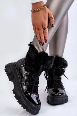 Damskie Botki Z Futerkiem Sznurowane Czarne Merron