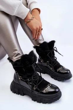 Damskie Botki Z Futerkiem Sznurowane Czarne Merron