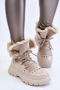 Damskie Botki Z Futerkiem Sznurowane Jasnobeżowe Merron