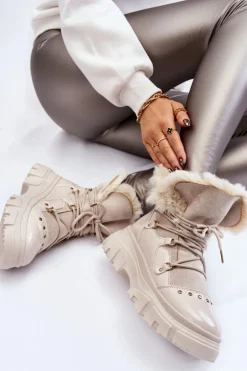 Damskie Botki Z Futerkiem Sznurowane Jasnobeżowe Merron