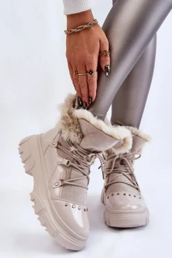 Damskie Botki Z Futerkiem Sznurowane Jasnobeżowe Merron