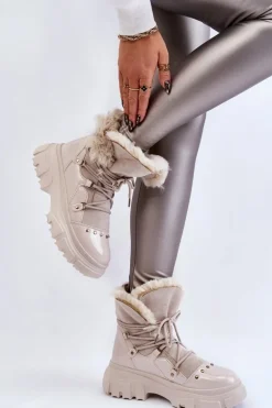 Damskie Botki Z Futerkiem Sznurowane Jasnobeżowe Merron