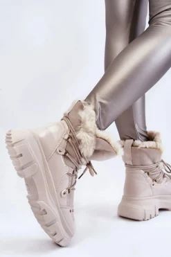 Damskie Botki Z Futerkiem Sznurowane Jasnobeżowe Merron