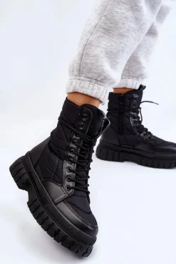 Damskie Botki Z Ociepleniem Sznurowane Czarne Ariadna