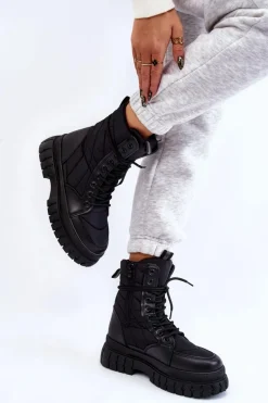 Damskie Botki Z Ociepleniem Sznurowane Czarne Ariadna