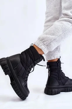 Damskie Botki Z Ociepleniem Sznurowane Czarne Ariadna