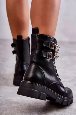 Damskie Botki Z Ozdobami Wiązane Czarne Leonese