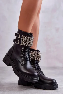 Damskie Botki Z Ozdobami Wiązane Czarne Leonese