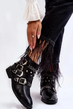 Damskie Botki Z Paskami I Ćwiekami Czarne Ramso