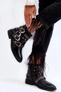 Damskie Botki Z Paskami I Ćwiekami Czarne Ramso