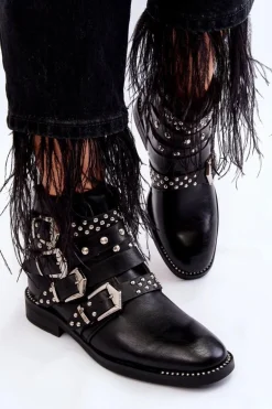 Damskie Botki Z Paskami I Ćwiekami Czarne Ramso