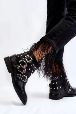 Damskie Botki Z Paskami I Ćwiekami Czarne Ramso