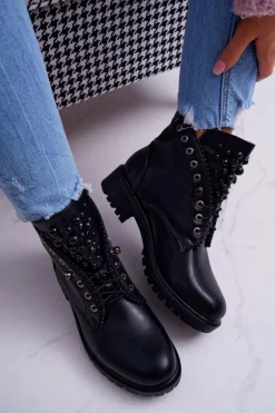 Damskie Botki Z Perełkami Ciepłe Czarne Memer