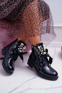 Damskie Botki Z Perełkami Ocieplane Wstążka Sia