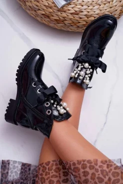 Damskie Botki Z Perełkami Ocieplane Wstążka Sia