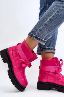 Damskie Botki Z Pikowaniem I Wiązaniem Różowe Bizzanti