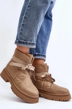 Damskie Botki Z Pikowaniem I Wiązaniem Khaki Bizzanti