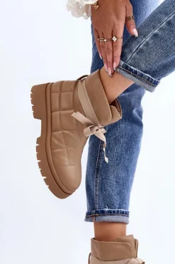 Damskie Botki Z Pikowaniem I Wiązaniem Khaki Bizzanti