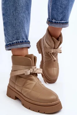Damskie Botki Z Pikowaniem I Wiązaniem Khaki Bizzanti