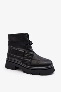 Damskie Botki Z Pikowaniem I Wiązaniem Czarne Bizzanti