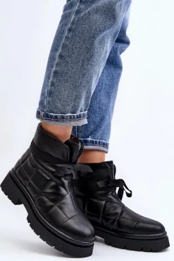 Damskie Botki Z Pikowaniem I Wiązaniem Czarne Bizzanti