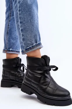Damskie Botki Z Pikowaniem I Wiązaniem Czarne Bizzanti
