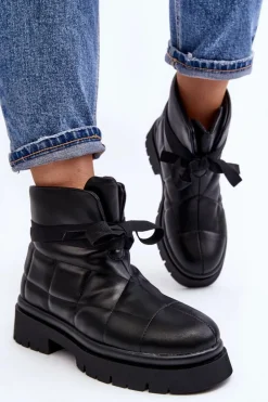 Damskie Botki Z Pikowaniem I Wiązaniem Czarne Bizzanti