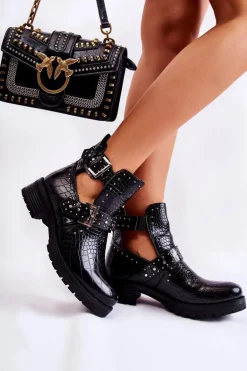 Damskie Botki Z Wycięciami Wężowe Czarne Santhana