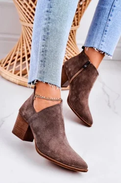 Damskie Botki Z Wycięciem Na Słupku Zamszowe Brązowe Lawrence