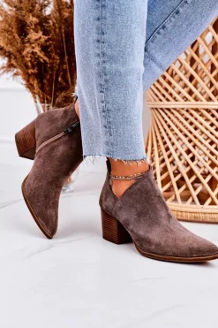 Damskie Botki Z Wycięciem Na Słupku Zamszowe Brązowe Lawrence