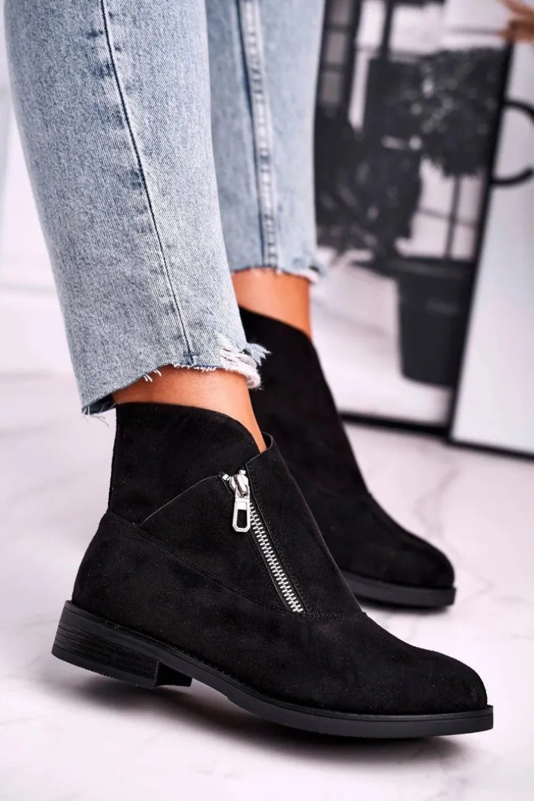 Damskie Botki Z Zamkiem Zamszowe Czarne Juno